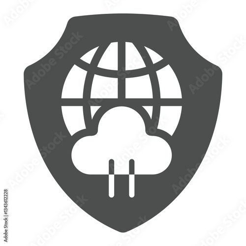 Globe with cloud on emblem solid icon, data protection concept. Vector graphics. Shield with world globe and cloud sign on white background, glyph style icon for mobile or web design.