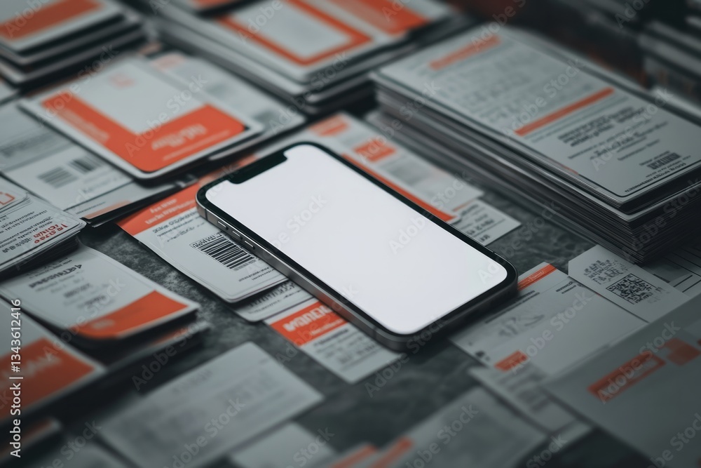 Modern smartphone resting on a collection of printed documents Modern smartphone resting on a collection of printed documents