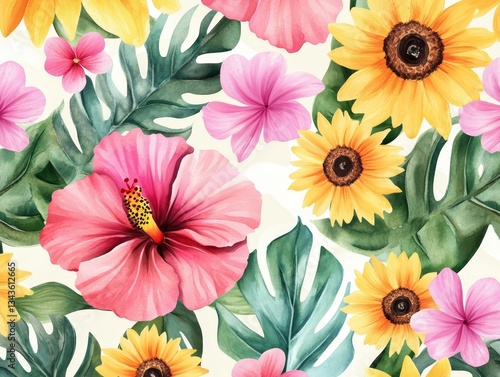Exotic Watercolor Floral Pattern: Hibiscus, Sunflowers & Tropical Leaves for a Vibrant Botanical Design, Perfect for Summer and Spring