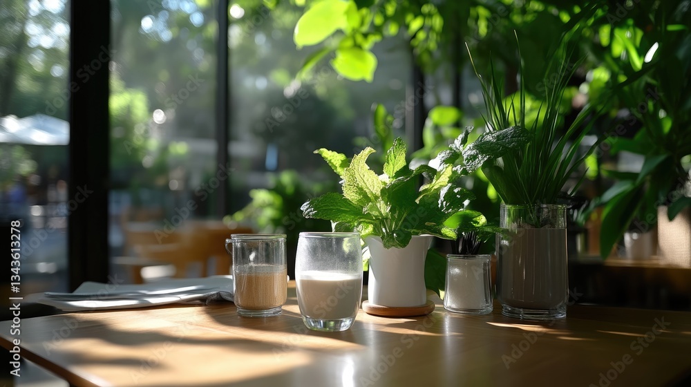 Sunny cafe table with milk drinks and plants