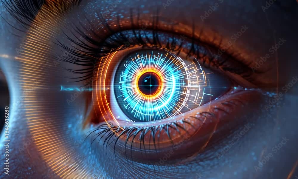 A close-up of a glowing human eye with a fiery swirling iris, symbolizing vision, intensity, and cyber-enhanced perception A close-up of a glowing human eye with a fiery swirling iris, symbolizing vision, intensity, and cyber-enhanced perception