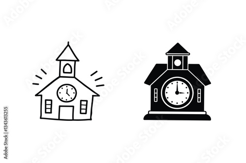 Schoolhouse Clock Icons Simple, Black, White, Education, Time, Design, Vector, Illustration, Graphic