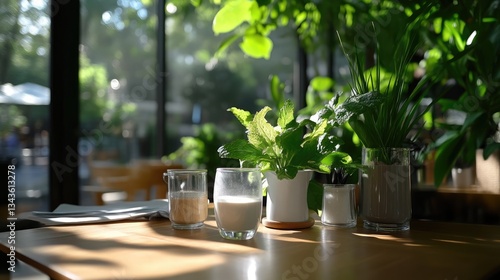 Obraz na płótnie Sunny cafe table with milk drinks and plants w salonie