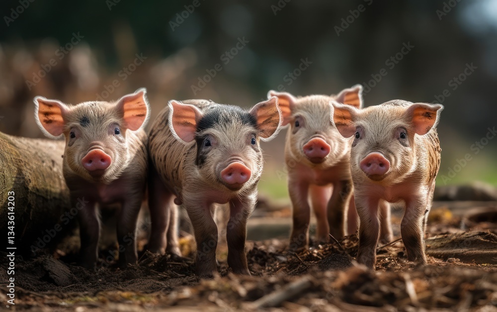 Four curious piglets standing in a row in a forest, looking directly at the camera with a blurred background. Four curious piglets standing in a row in a forest, looking directly at the camera with a blurred background.