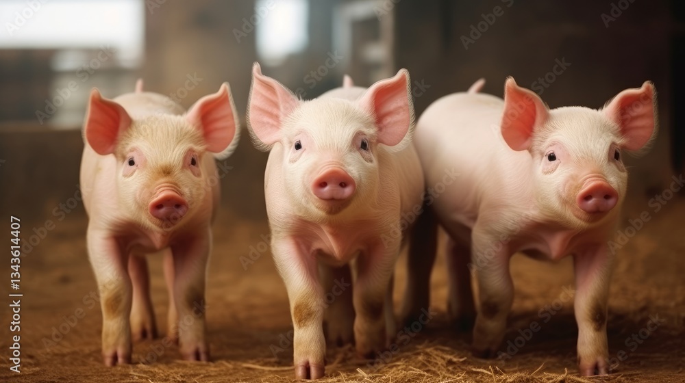 Three young pigs standing in a barn on a bed of straw, looking curiously at the camera. Three young pigs standing in a barn on a bed of straw, looking curiously at the camera.
