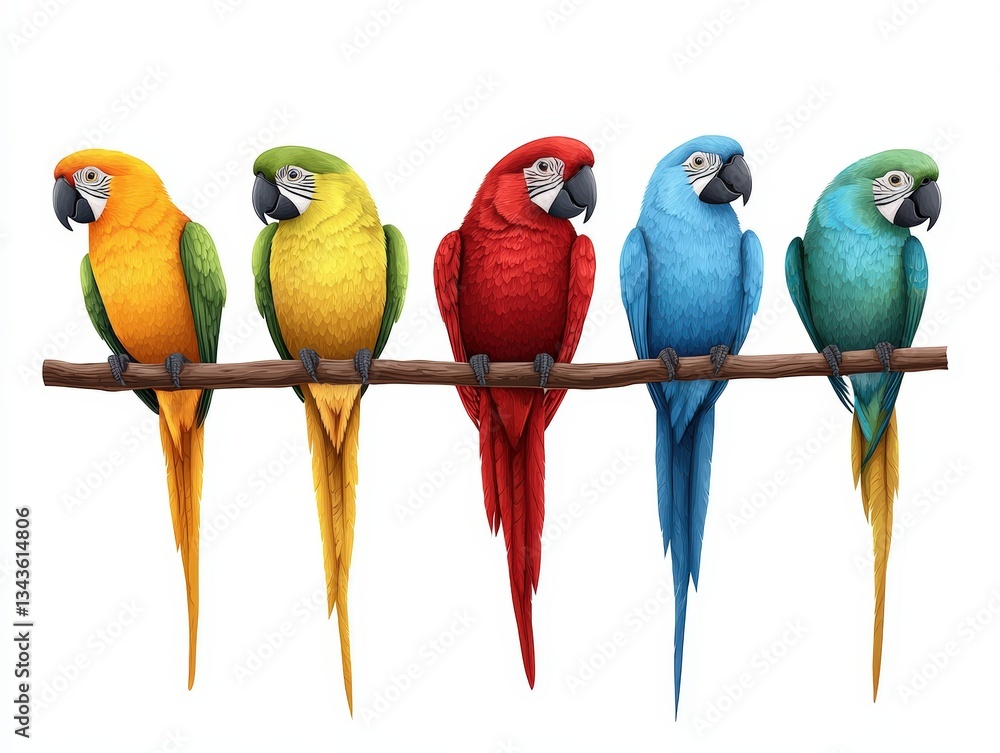 Obraz premium Colorful macaws perched on a branch, showcasing vibrant feathers in bright shades of yellow, green, red, blue, and turquoise.
