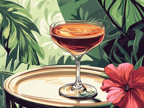 Tropical Cocktail Still Life: Refreshing Drink with Floral & Botanical Backdrop, Perfect for Summer Vacation Vibes & Elegant Bar Decor