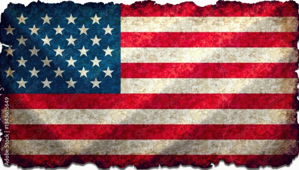 Fototapeta premium Distressed American flag with ripped edges and frayed fabric, faded, decay