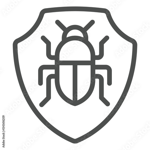 Shield with bug line icon, malware protection concept. Vector graphics. Safety emblem with insect sign on white background, outline style icon for mobile or web design.