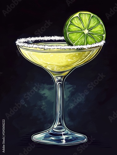 Vibrant Margarita Cocktail Illustration with Lime Slice and Salted Rim on Dark Backdrop