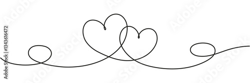 Two hearts continuous line art drawing. Double heart wavy line. Love relationship concept. Vector hand drawn illustration isolated on white.