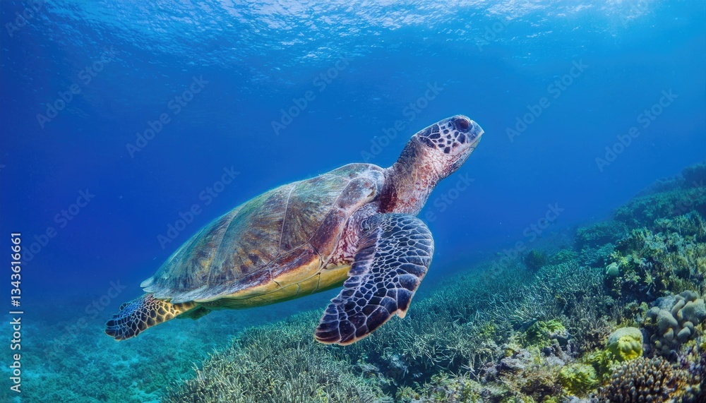 Fototapeta premium Green Sea Turtle swimming in clear blue water