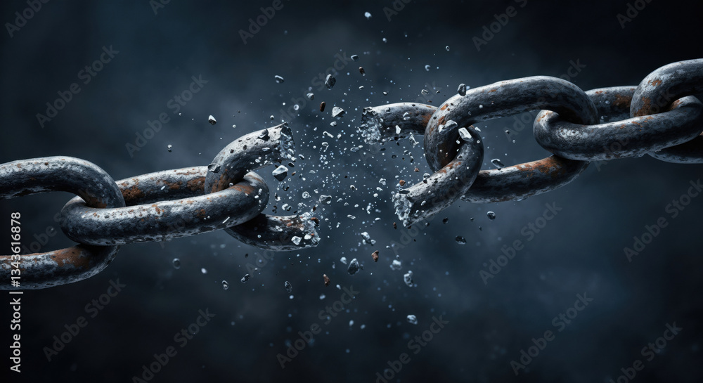 Rusty bold metal chain weakest link breaks apart, debris flying. Freedom, strength, weakness, resistance, rebellion, breaking barriers concept. High-speed photography, dramatic close-up dark backdrop Rusty bold metal chain weakest link breaks apart, debris flying. Freedom, strength, weakness, resistance, rebellion, breaking barriers concept. High-speed photography, dramatic close-up dark backdrop