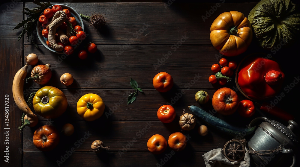 Naklejka premium A dreamlike, surreal top-down view of a wooden table with fruits and vegetables, rendered in high contrast low-key lighting,