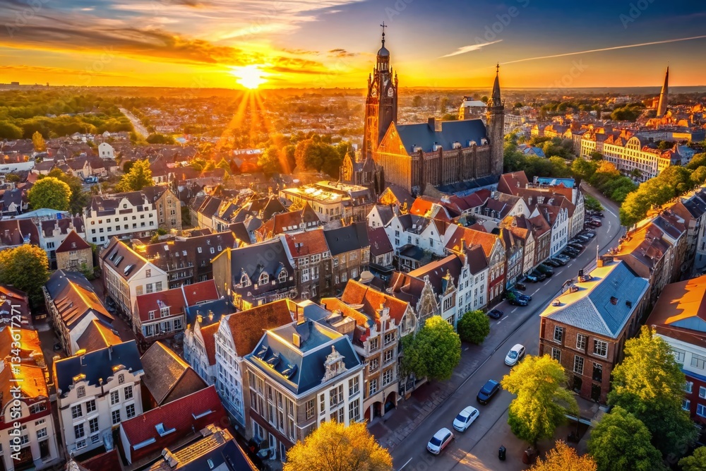 Obraz premium Aerial Cityscape Painting, Golden Hour Drone Photography, Urban Panorama, Sunset City View