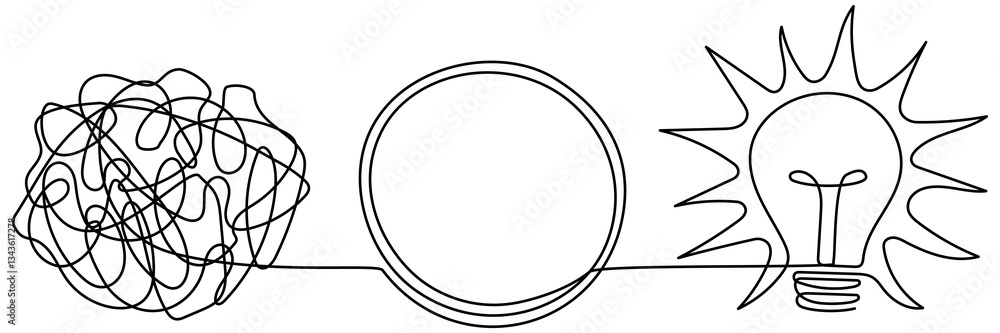 Chaotic and mess lines with lightbulb continuous line drawing. Problem solving concept. Creating idea and insight symbol. Vector illustration isolated on white. Chaotic and mess lines with lightbulb continuous line drawing. Problem solving concept. Creating idea and insight symbol. Vector illustration isolated on white.