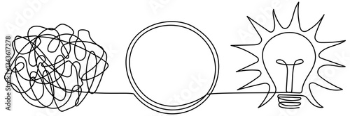 Chaotic and mess lines with lightbulb continuous line drawing. Problem solving concept. Creating idea and insight symbol. Vector illustration isolated on white.	