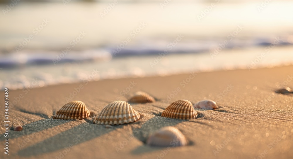 Seashells on sandy beach at sunrise with ocean waves in the background Seashells on sandy beach at sunrise with ocean waves in the background