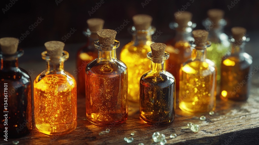 Assorted glass bottles containing vibrant herbal tinctures with golden and amber liquids arranged on a wooden surface Assorted glass bottles containing vibrant herbal tinctures with golden and amber liquids arranged on a wooden surface
