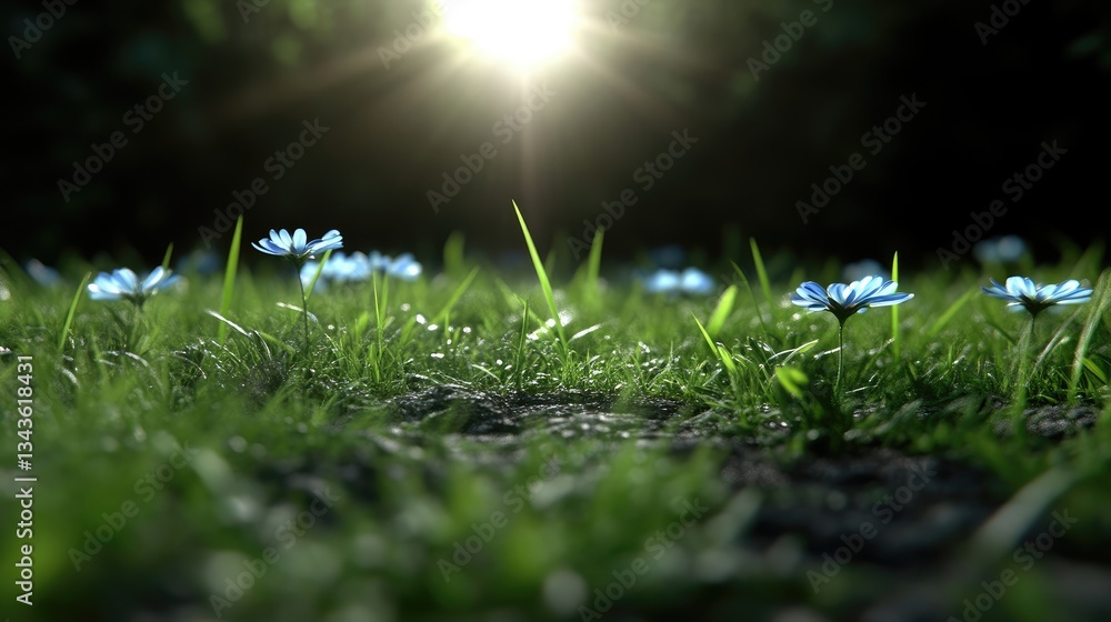 Delicate blue flowers in a grassy field bathed in sunlight