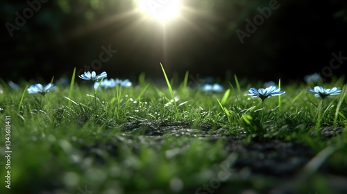 Obraz na płótnie Delicate blue flowers in a grassy field bathed in sunlight w salonie