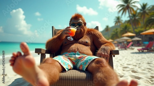 Bigfoot enjoying a cocktail on a tropical beach