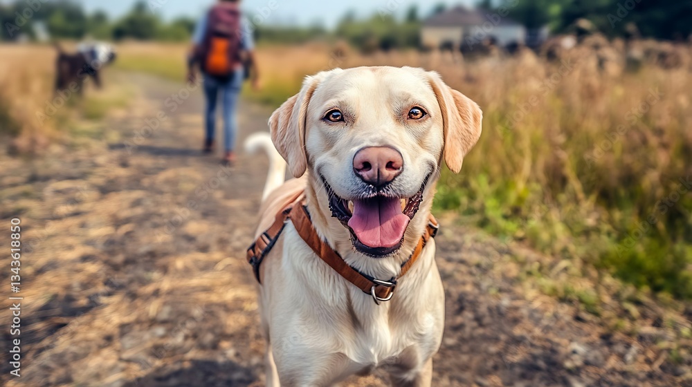 A happy golden retriever smiles on a sunny outdoor trail A happy golden retriever smiles on a sunny outdoor trail