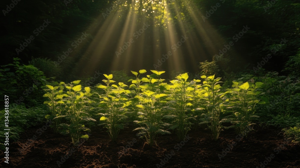 Sunlight streams through foliage illuminating young plants