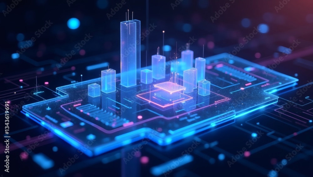 Fototapeta premium A futuristic digital city created within a computer circuit board
