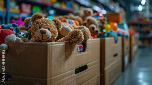Cardboard boxes filled with stuffed animals in a toy storage room