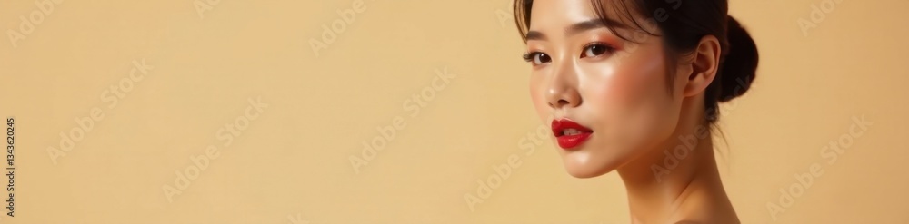 Elegant Asian woman with luxurious makeup and beige backdrop, sophisticated look, elegant woman Elegant Asian woman with luxurious makeup and beige backdrop, sophisticated look, elegant woman