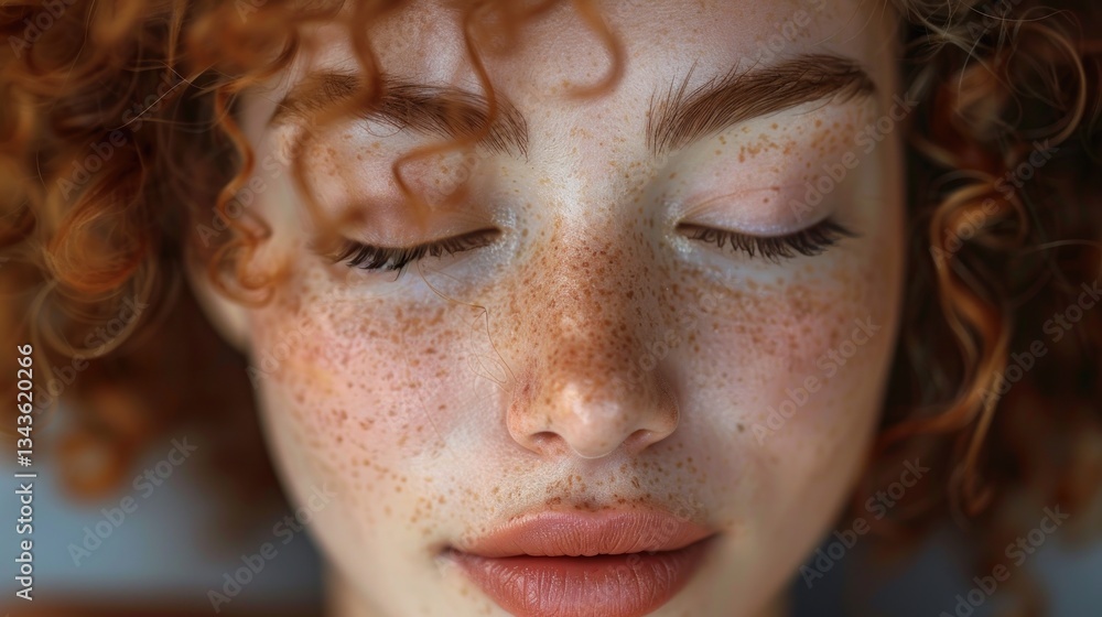 Close-up of a redhead with freckles, eyes closed, in a relaxed pose Close-up of a redhead with freckles, eyes closed, in a relaxed pose