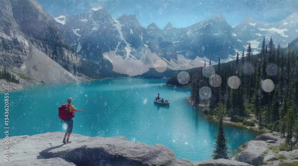 A traveler stands on a rocky edge, overlooking a turquoise alpine lake surrounded by towering snow-capped mountains. Seamless looping 4k time-lapse virtual video animation background. A traveler stands on a rocky edge, overlooking a turquoise alpine lake surrounded by towering snow-capped mountains. Seamless looping 4k time-lapse virtual video animation background.