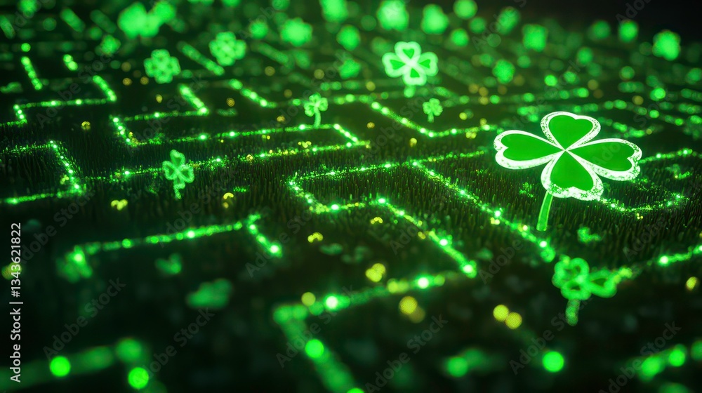 Glowing green clover in a digital maze. Glowing green clover in a digital maze.