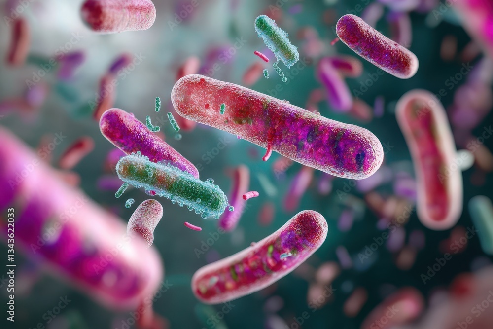 Colorful bacteria under a microscope in a scientific study. Colorful bacteria under a microscope in a scientific study.