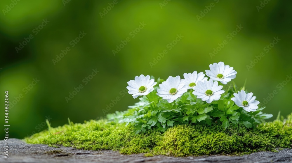 Delicate white flowers nestled in moss