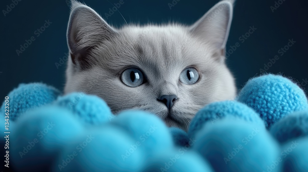 Close-up of a regal cat amidst blue spheres