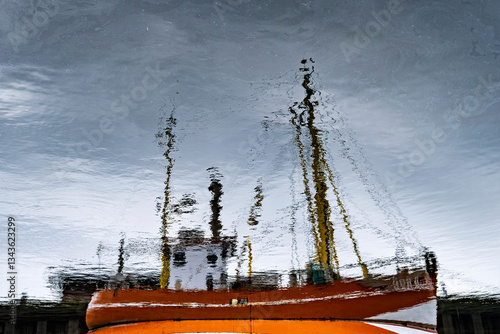 Reflexion eines orangefarbenen Bootes mit gelben Masten auf einer krillenden Wasseroberfläche, die einen abstrakten Effekt erzeugt.