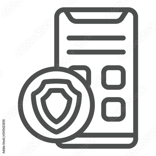 Smartphone with shield line icon, data protection concept. Vector graphics. Safety emblem with phone sign on white background, outline style icon for mobile or web design.