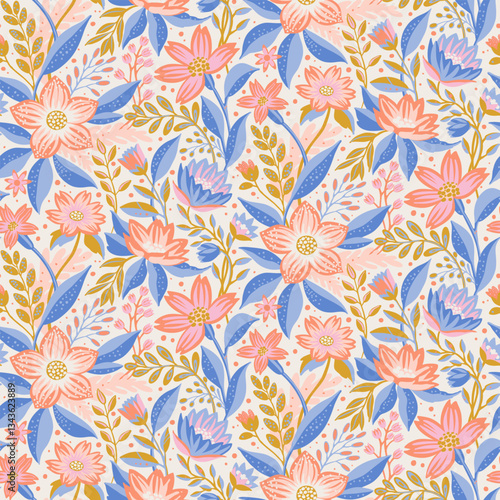 A seamless floral pattern of pink and blue flowers with golden leaves on a light background. Ideal for textiles, wallpapers, packaging, stationery, fabric prints, home decor, gift wrap, invitations.