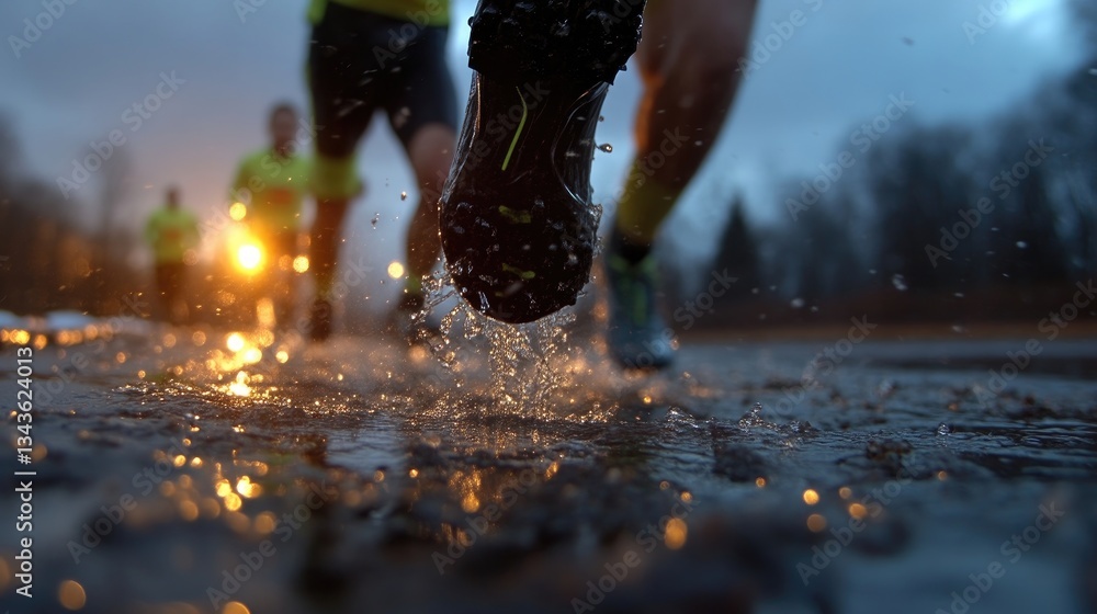 Runners splashing through puddles in a wet, outdoor race