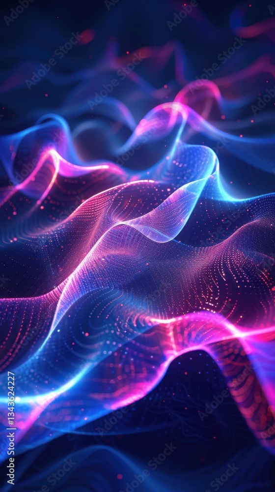 Fototapeta premium Abstract digital waves in vibrant pink and blue hues create a mesmerizing visual effect, suggesting movement and depth in a futuristic style.