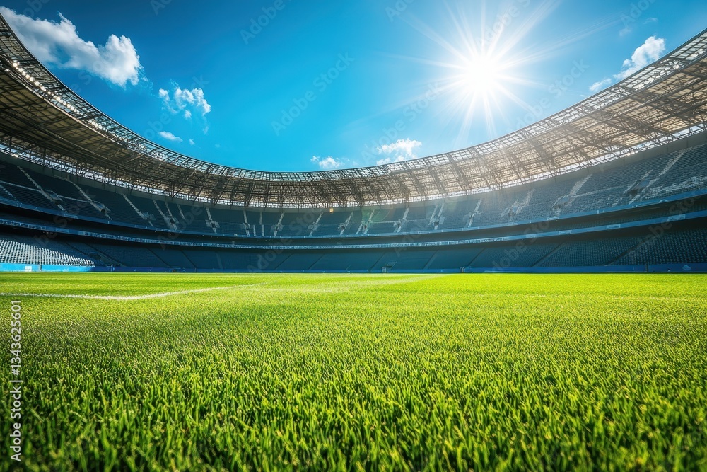 Fototapeta premium Sunlit empty stadium with lush green field and clear blue sky.