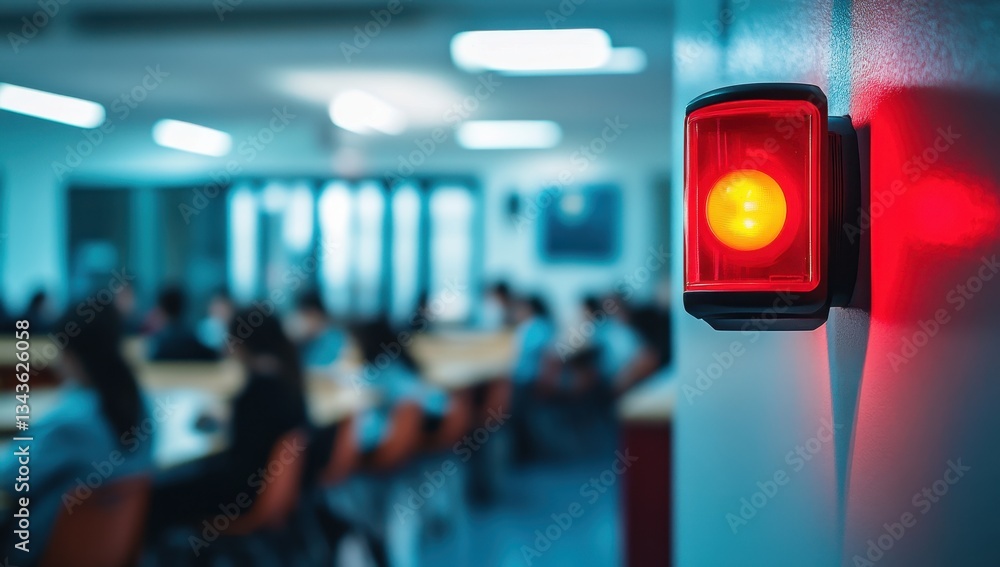 Red emergency light in a classroom setting with blurred students. Red emergency light in a classroom setting with blurred students.