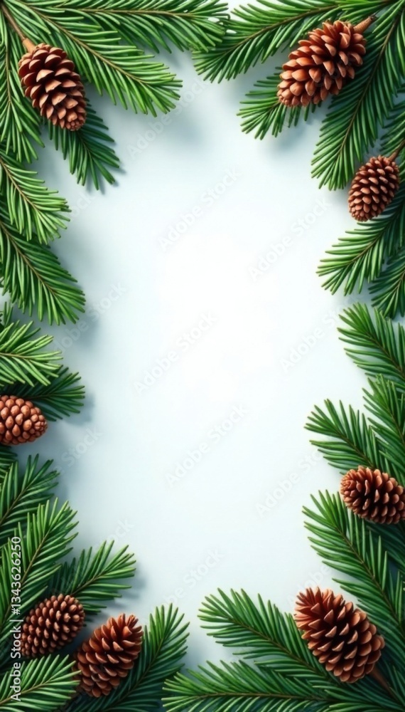 Fir branches with pine cones in a festive greenery border, evergreen, winter Fir branches with pine cones in a festive greenery border, evergreen, winter