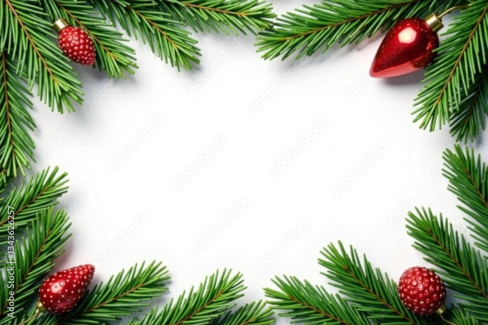 Fir branches with pine cones in a festive border, winter greenery, foliage Fir branches with pine cones in a festive border, winter greenery, foliage