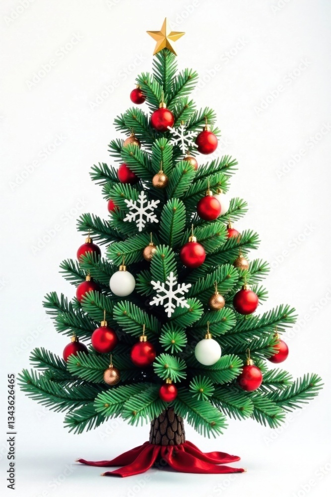 Fir tree decorated with snowflakes and ornaments on white background, holiday, ornaments Fir tree decorated with snowflakes and ornaments on white background, holiday, ornaments