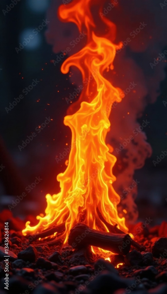 Fototapeta premium Flames engulfing a dark, mysterious background with vibrant orange and red hues, burning, embers, black background