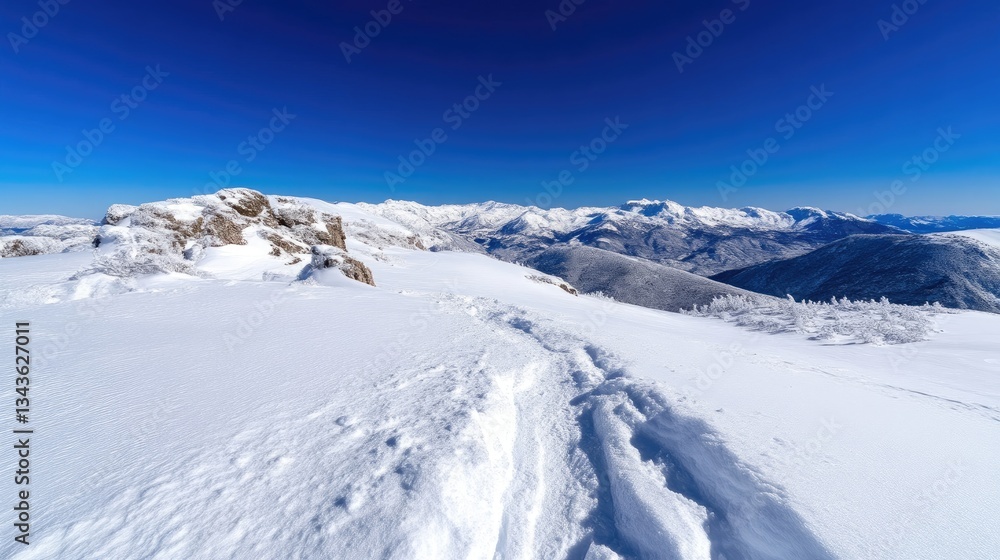 Pristine snow-covered mountaintop trail