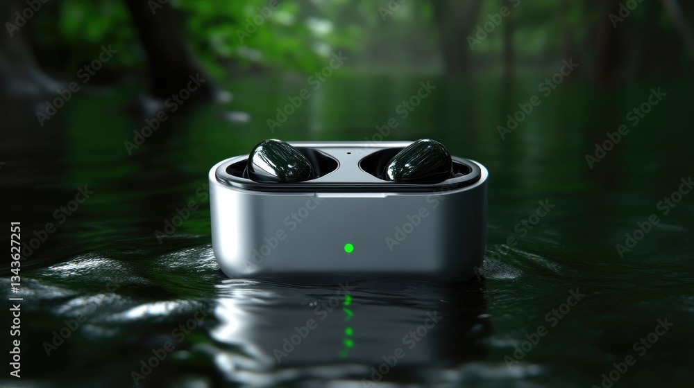 Wireless earbuds in charging case, resting on water, in a forest setting